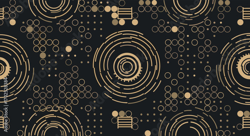Intricate circular patterns with geometric abstract design and subtle particle accents on a dark background
