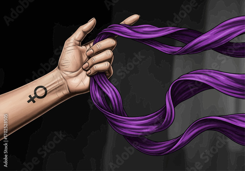 A hand with a female symbol tattoo holds a flowing purple ribbon against a dark background.