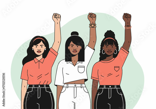 Three diverse women stand together with raised fists in a show of solidarity and empowerment.