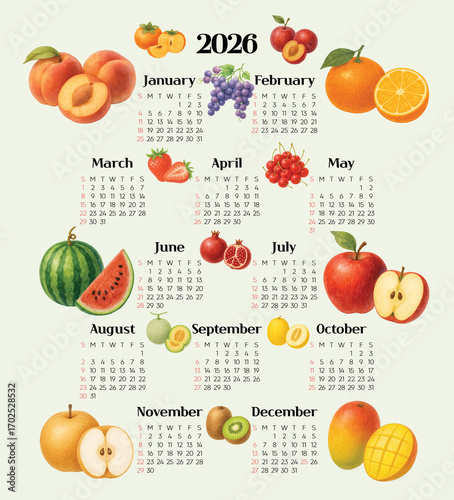 2026 Fruit Watercolor Illustration Calendar – Colorful Botanical Art Wall Planner	