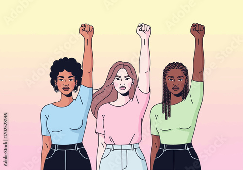 Three women of different ethnicities stand together with fists raised in solidarity.