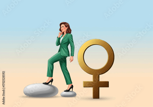 A determined businesswoman in a green suit ascends steps towards a prominent female gender symbol, symbolizing career advancement and empowerment.