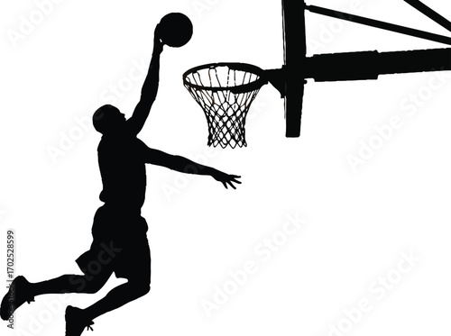Basketball Player's Dynamic Silhouette Dunking the Ball with Power and Precision, Illustrating Athleticism and Skill in a Modern, Minimalist Style Design Element