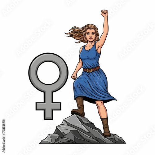 A strong woman stands on a rock with her fist raised, next to the Venus symbol, representing female empowerment and feminism.