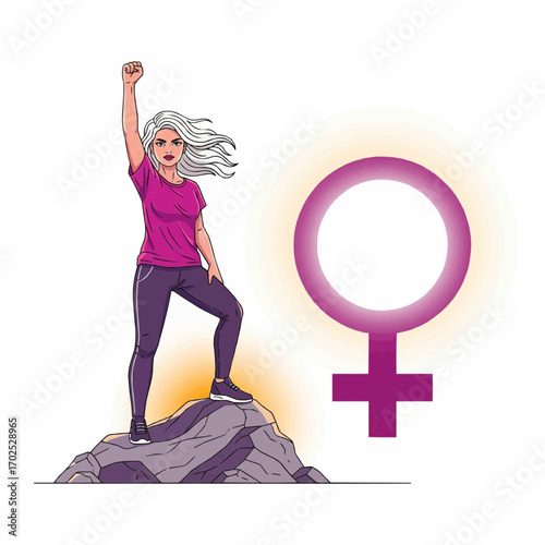Powerful woman with raised fist standing on a rock next to a glowing female symbol, representing empowerment and strength.