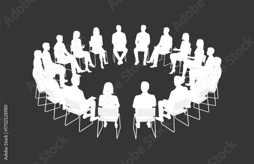 Full white silhouette of people seated in a circle during a group discussion or business meeting, teamwork, collaboration, brainstorming session, vector illustration on black background