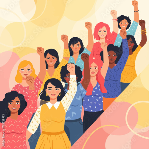 Illustration of a diverse group of women raising their fists in solidarity, symbolizing empowerment and unity.