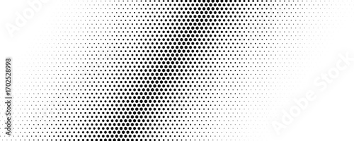 Hexagon halftone gradient texture. Abstract black grunge background. Geometric retro halftone tech overlay. Fading wavy hexagonal pattern backdrop. Vector Illustration