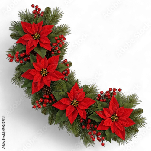Red poinsettia garland with greenery isolated on transparent background
