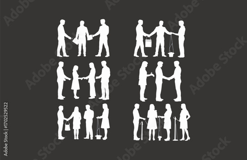 Business people exchanging items and shaking hands, silhouette of professional interaction, partnership, teamwork, and communication, full white silhouettes, modern corporate concept