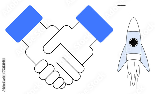 Two hands shaking symbolizing agreement, positioned near a launching rocket. Ideal for partnership, collaboration, innovation, business goals, startup, teamwork growth. A simple flat metaphor