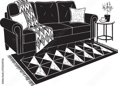 Black and white sketch of a sofa with a patterned throw blanket and pillows on a rug couch living room