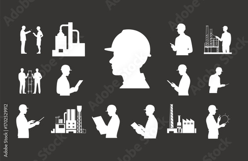 Silhouette of engineer, construction workers with safety helmets, blueprint design, factory inspection, teamwork on construction site, architecture planning, building project
