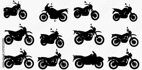 A collection of twelve black motorcycle silhouettes showcasing various types and styles in profile view.
