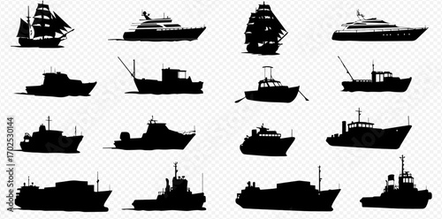 Diverse black silhouettes of various ships and boats, including yachts, fishing vessels, and historic sailing ships, against a transparent background.
