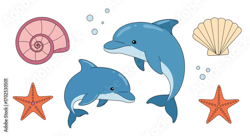 Charming ocean life collection featuring playful dolphins seashells and starfish illustrations