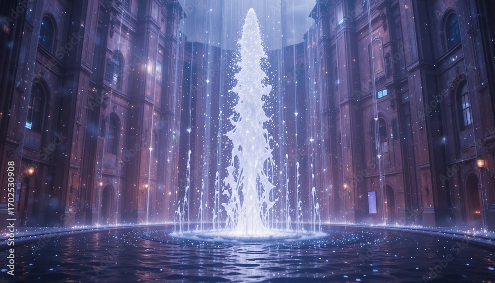 Naklejka premium Illuminated fountain at night in a city courtyard surrounding buildings and soft lighting