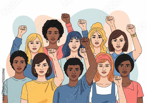 A diverse group of women raising their fists in solidarity, symbolizing unity and strength.