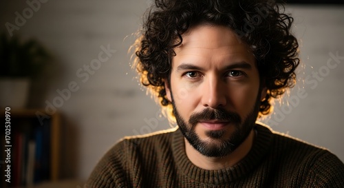 Portrait of a serious man with curly hair and beard looking at the camera.