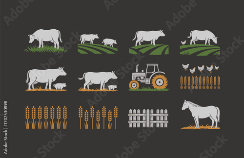 Farm silhouettes with tractor, livestock, cow, pig, chicken, horse, wheat field, rural landscape, fence, countryside vector design for agriculture, eco-friendly, farming lifestyle