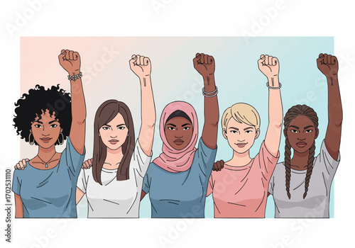 Diverse group of five women with raised fists, symbolizing unity, empowerment, and social justice.