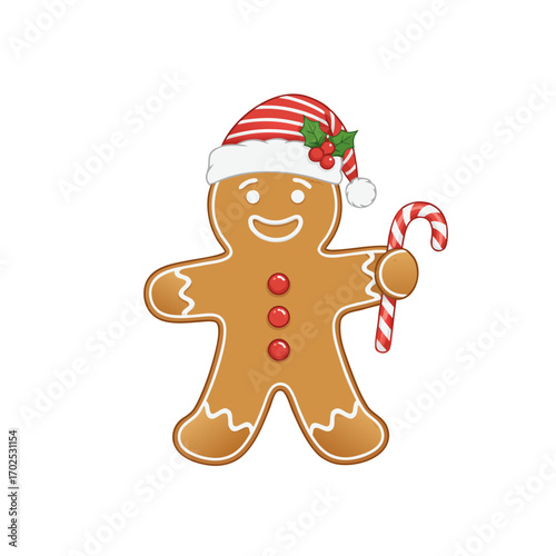 A cheerful gingerbread man wearing a festive santa hat and holding a candy cane, , perfect for holiday greetings and christmas designs
