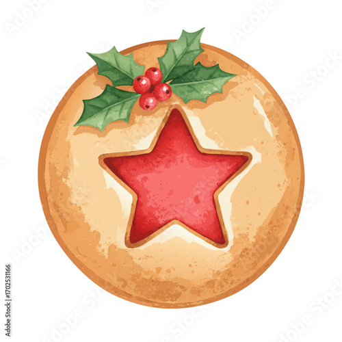 A delicious starshaped cookie with a red jam filling, decorated with holly berries and leaves, , perfect for baking and holiday treats