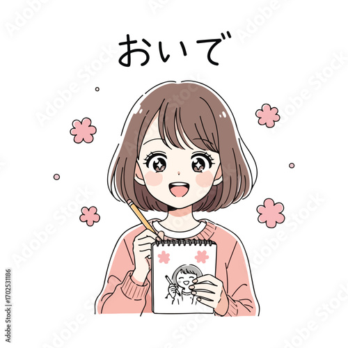 Anime girl drawing herself with a pencil and flowers happy smiling