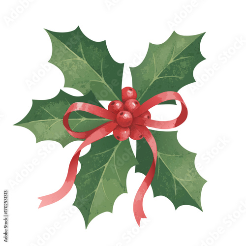 A sprig of holly with bright red berries and deep green leaves, elegantly tied with a red ribbon, isolated on a, symbolizing christmas and winter festivities, ideal for holiday designs