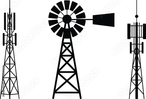 Set of tower silhouettes, windmill, communication tower, radio tower, black vector illustrations for wind energy, telecommunications, and power generation systems
