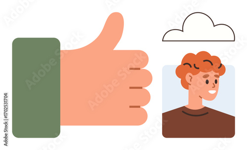 Hand making thumbs-up next to profile picture and cloud icon. Ideal for feedback, approval, social media, teamwork, recognition, community, networking. A simple flat metaphor