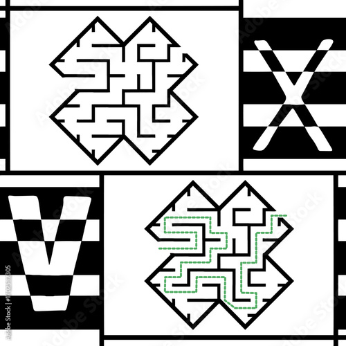 Illustration with labyrinth, maze conundrum for kids. Baby puzzle with entry and exit. Children puzzle game. Wrong and right for labyrinth.