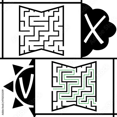Illustration with labyrinth, maze conundrum for kids. Baby puzzle with entry and exit. Children puzzle game. Wrong and right for labyrinth.