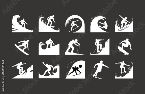 White silhouette figures of surfers, snowboarders, and skateboarders performing tricks, riding waves, and snow slopes, dynamic poses, perfect for extreme sports concept, vector illustration