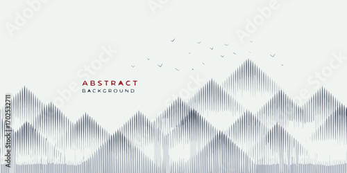 Abstract mountain range landscape with stylized peaks and flying birds against a light background