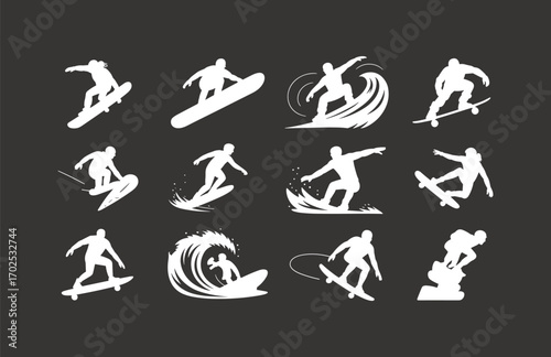 Surfer Silhouettes Collection, 12 dynamic full-body poses, surfing on different waves, surfing action, sports illustration, black silhouette of men surfing, perfect for posters, illustrations, design