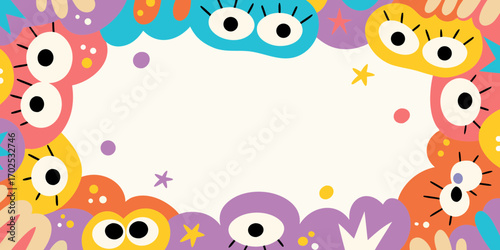 Whimsical and colorful abstract monster characters border with large eyes and playful shapes on a light background