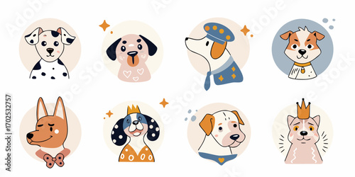 Collection of adorable cartoon dog portraits with crowns and uniforms in a whimsical style