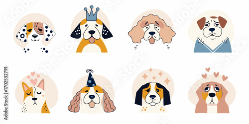 Collection of eight cute cartoon dogs with different expressions and accessories in a whimsical illustration style