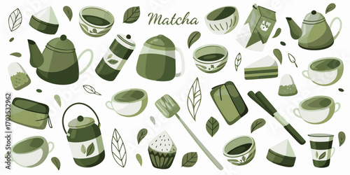 A charming collection of matcha tea related items and desserts in a delightful green color palette