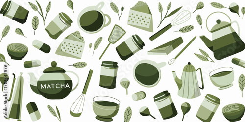A playful pattern of matcha tea elements including teapots cups bowls whisks and jars on a white background