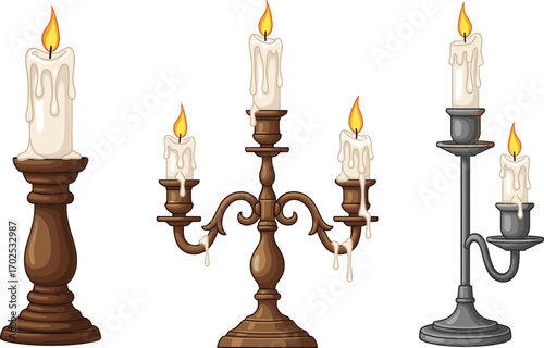 Candlesticks with burning candles, dripping wax, vintage lighting decor, antique illumination styles, wooden and metal holders, CAD drawing flat vector illustration for interior design themes