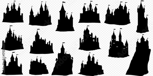 A collection of various black fairytale castle silhouettes with towers and flags against a transparent background.