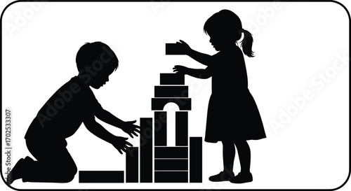 Children playing with building blocks, teamwork and creativity, early childhood development, silhouette vector illustration, educational activity,
