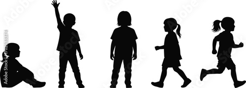 Family silhouettes, parents and children, togetherness and bond, vector graphic, parenting concept, walking and playing, black and white set,