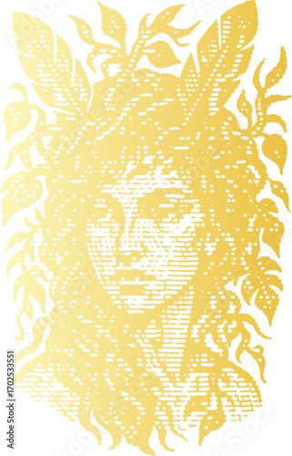 Golden illustration of a nature woman with feathers and jungle vines in her hair. Artistic halftone portrait with a beautiful, ethereal aesthetic.