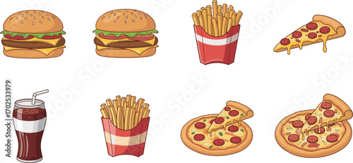 Cartoon fast food vector set with burgers, fries, pizza slices, soda cups, junk meal icons for menu and marketing