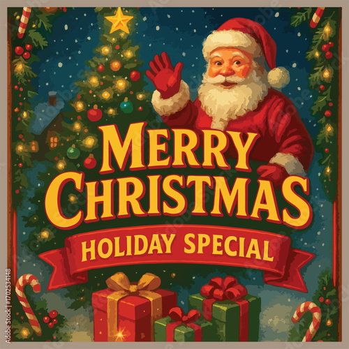 "Festive Christmas flyer with snow, glowing tree, Santa, gifts, bright colors, cheerful holiday celebration."