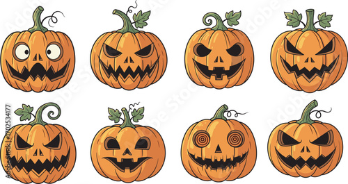 Cartoon jack-o'-lanterns with funny faces, spooky expressions, Halloween pumpkins, vector illustration for festive decoration, humor, and seasonal design