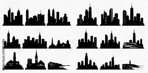 Various black silhouette illustrations showcasing diverse city skylines and architectural landmarks against a transparent background.
